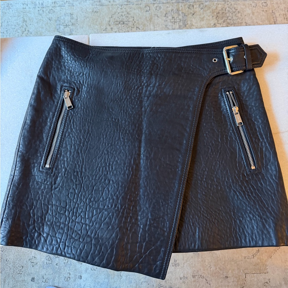 Michael Kors Black Leather Wrap Mini Skirt